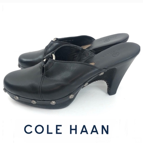 COLE HAAN Black Leather Silver Studs Clogs Sz 8.5 - Picture 1 of 4